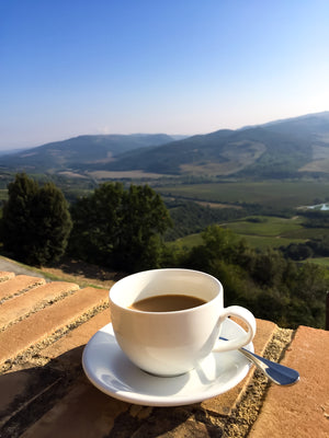 
                  
                    Coffee mug on brick wall overlooking rolling hills
                  
                